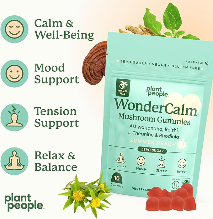Plant People WonderCalm Mushroom Gummies - Natural Ashwagandha Supplement to Ease Stress & Boost Mood for Adults Without Sugar, Gluten or Artificial Colors, Vegan-Friendly, Peach Flavor (Trial Size)