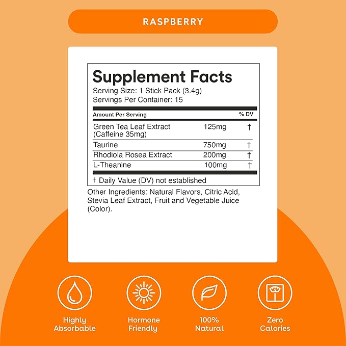 Energy - Natural Energy Support Drink Mix - Metabolism Supplement - For Brain Health - With Green Tea Extract, L-Theanine & Taurine - 15 Pack - Raspberry Punch Flavor