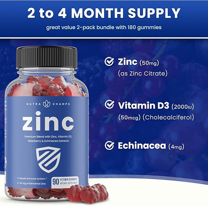 NutraChamps 4-in-1 Zinc Gummies, 50mg Chewable Zinc Supplement Gummies with Vitamin D3 2000 IU, Elderberry & Echinacea, Immune, Heart & Brain Support, 180 Count (Pack of 2)