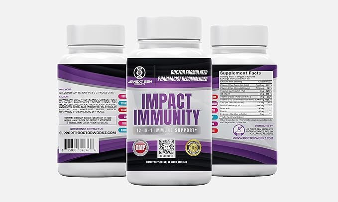 IMPACT IMMUNITY 12-IN-1 Immune System Support with Elderberry, Vitamin C, B6, B12, Riboflavin (B2), Zinc, D3, Quercetin, Thiamin Fisetin, L-Leucine & Probiotic-Made in USA- (90 Count)