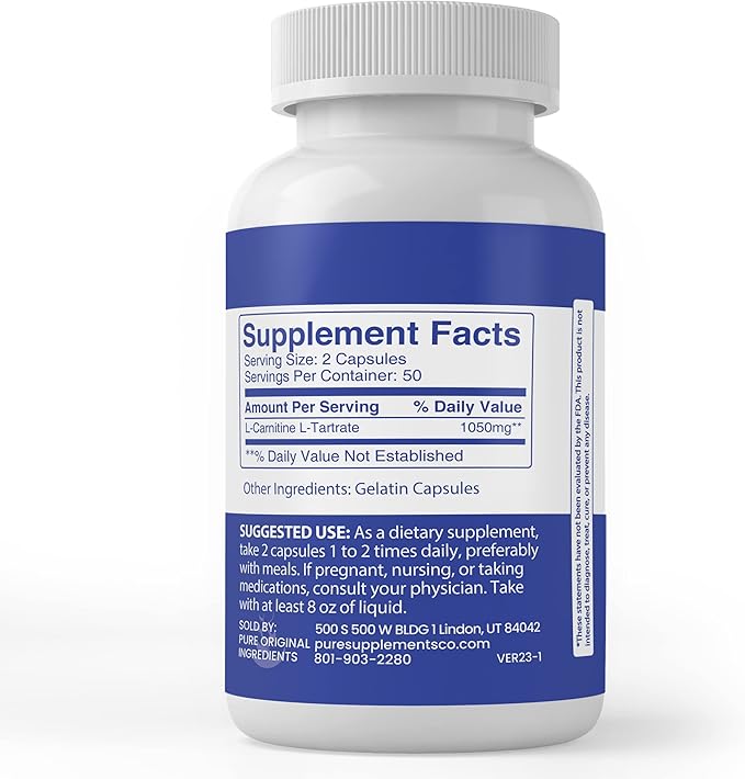 Pure Original Ingredients L-Carnitine L-Tartrate (100 Capsules) Always Pure, No Additives Or Fillers, Lab Verified
