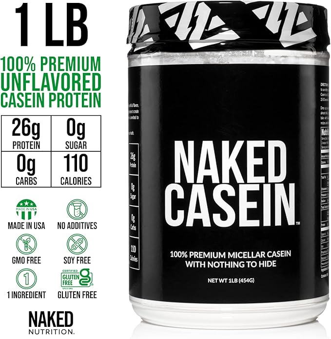 NAKED Casein - 1Lb Micellar Casein Protein - Bulk, GMO-Free, Gluten Free, Soy Free, Preservative Free - Stimulate Muscle Growth - Enhance Recovery - 15 Servings