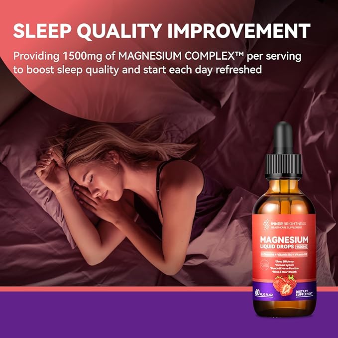 Magnesium Glycinate Liquid Drops 1500mg with Magnesium Citrate & Taurate, L-Theanine, Vitamin D3, B6 - Supports Calm, Sleep, Muscle Relaxation, Leg Cramps & Energy, Strawberry Flavor, 60mL 2 Pack