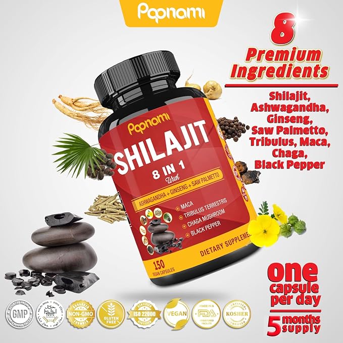 Shilajit Himalayan Supplement for Men & Women - 150 Capsules Combined Ashwagandha, Ginseng, Saw Palmetto, Maca, Tribulus, Chaga & Black Pepper - Vitality Energy and Immune Supports