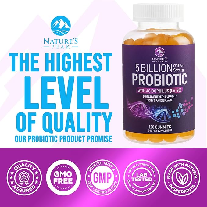 Probiotic Gummies for Women, Men & Teens - 5 Billion CFUs, 6 Probiotic Strains, Orange Flavor - Daily Gummy Probiotics Supplement for Natural Digestive Health, “Good” Gut & Immune Support - 120 Count