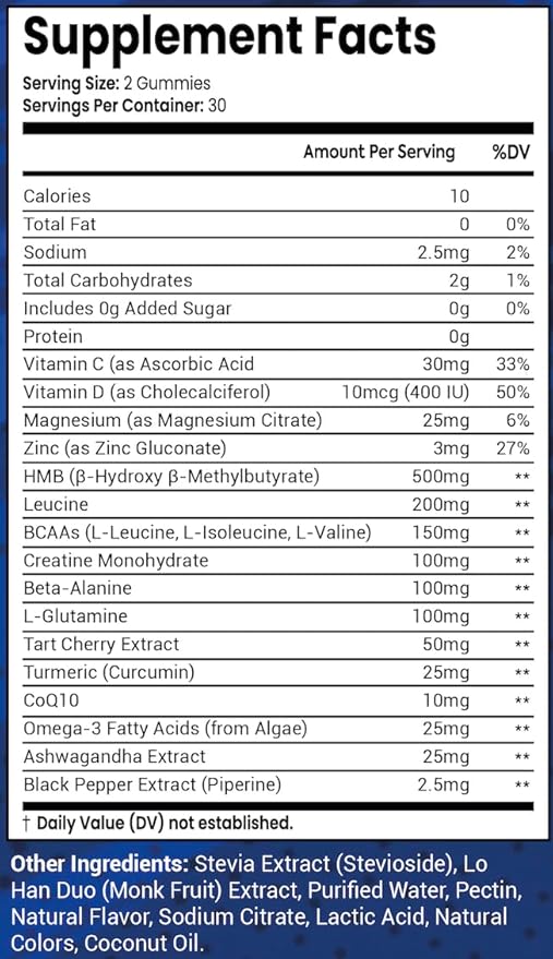 Sugar Free Workout Recovery Gummies with HMB, Leucine, Creatine, BCAA, Natural Vegan Supplements for Pre Post Athletes, Gym Enthusiasts & Active Lifestyles - Boost Energy, Endurance & Muscle Repair