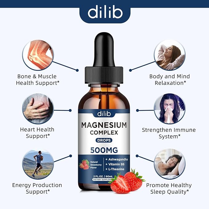 Magnesium Glycinate Liquid Drops 500mg - Triple Magnesium Complex Supplement with Citrate, Malate, Ashwagandha, L-Theanine, Vitamin B6 for Sleep, Stress Relief, Muscle, Strawberry Flavor 4 Fl Oz