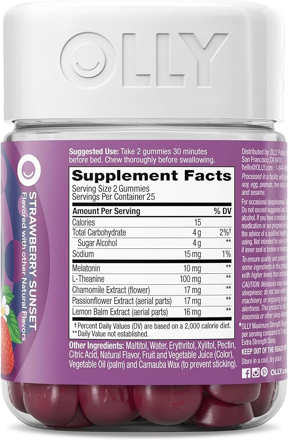 OLLY Max Strength Sleep Gummy, 10mg Melatonin, L-Theanine, Chamomile, Lemon Balm, Sugar Free, Vegetarian Sleep Aid, Strawberry - 50 Count