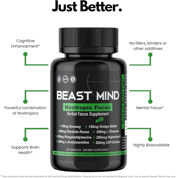 Focus Clarity Nootropic Blend | Ginkgo Biloba | Huperzine A | Rhodiola | Citicoline | L-Theanine | Enhanced Focus & Clarity & Cognitive Function Labs