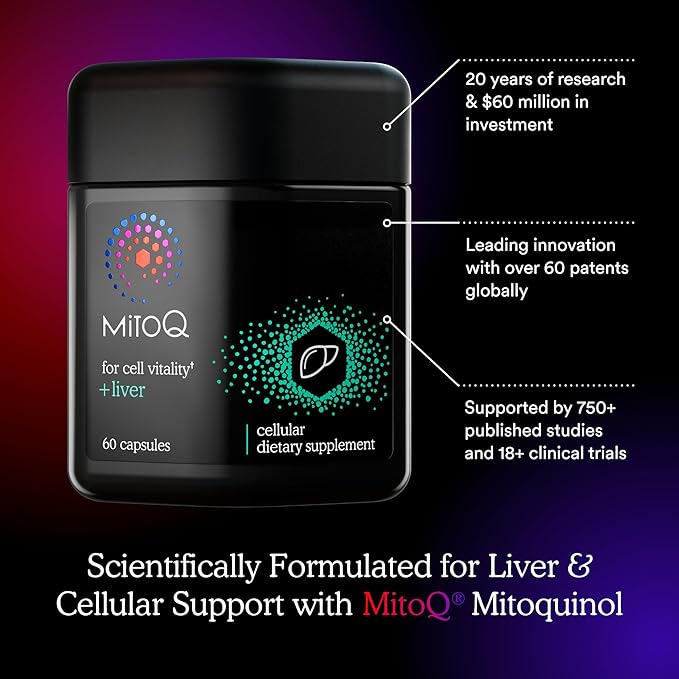 MitoQ +Liver Premium CoQ10 Antioxidant - Contains Mitoquinol Mesylate, Choline, Milk Thistle, Selenium - Supports Metabolism, Liver Health, Body’s Natural Detoxification & Cell Vitality (60 Capsules)
