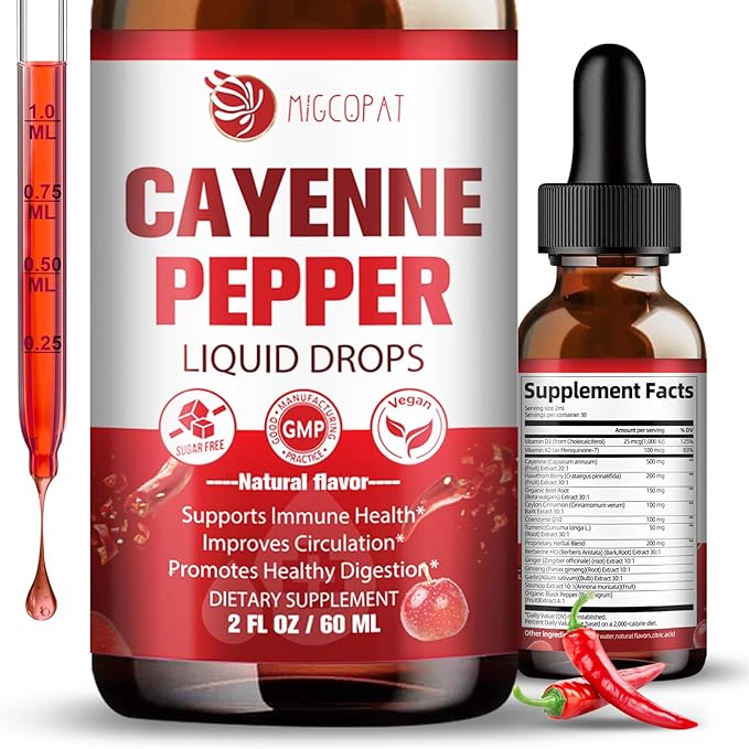 Cayenne Pepper Drops Supplement Liquid with Vitamin D3 K2, Hawthorn Berry, Organic Beet Root, Ceylon Cinnamon, Coenzyme Q10, Berberine, Ginseng Extract Supports Immune Health, 2 FL.OZ