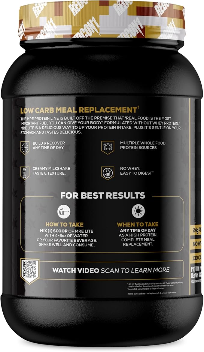 REDCON1 MRE Lite Whole Food Protein Powder, Banana Nut Bread - Low Carb & Whey Free Meal Replacement with Animal Protein Blends - Easy to Digest Supplement Made with MCT Oils (30 Servings)