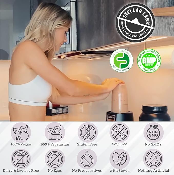 Stellar Labs Vegan Protein Powder with BCAA's & Antioxidants | Certified Low FODMAP, Non GMO, Gluten Free, Soy Free, Low Carb, with Stevia | Lean Plant Based Protein Powder Shakes | Chocolate