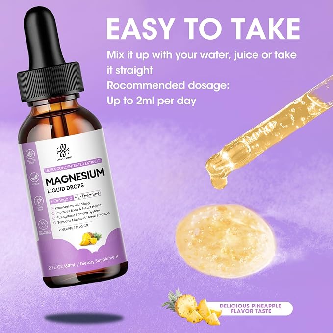 (2 Pack) Magnesium Glycinate Liquid Drop with Citrate, Oxide and Taurate, Calm Magnesium with Omega3, L-Theanine, D3, B6, B12 for Calm, Sleep, Leg Cramps, Muscles, Energy, Sugar-Freek Pineapple Flavor