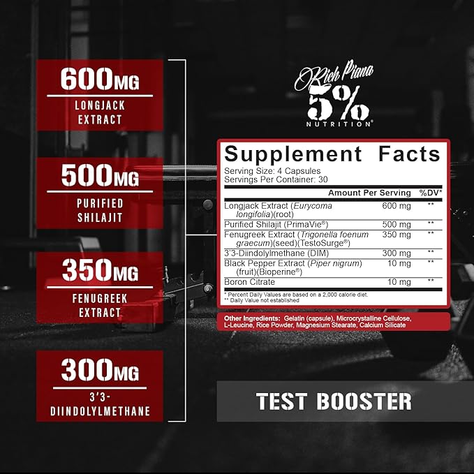 5% Nutrition Rich Piana Test | Natural Testosterone Booster for Men | Muscle Builder, Male Vitality, Energy & Stamina | Tongkat Ali (Longjack), Shilajit, Fenugreek, DIM, Boron | 120 Capsules