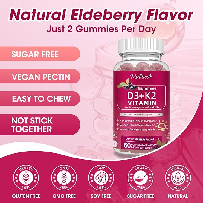 Vitamin D3 10000 IU + K2 (MK7) 200mcg w/Calcium Magnesium Zinc Elderberry & Inulin-Highly Bioavailable-Enhanced Absorption for Immune & Bone Support- K2 D3 Vitamin Supplement-Vegan Gummies
