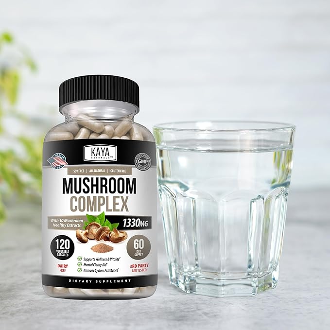 Kaya Naturals Premium Mushroom Complex Potent - Mushroom Supplement - Mushroom Complex Capsules 1995mg Per Serving - Aids Mental Clarity Supports Immune System, Wellness & Vitality - 120 Count