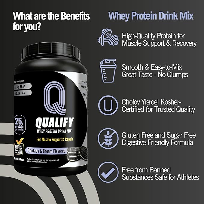 Cookies and Cream Whey Protein Powder. Post Workout Recovery Drink, Gluten & Sugar Free Highly Kosher, 25g Protein. Essential Amino Acids - 5.5g BCAA, 2.7g Leucine, 1.4g Isoleucine, 1.4g Valine 26.4oz