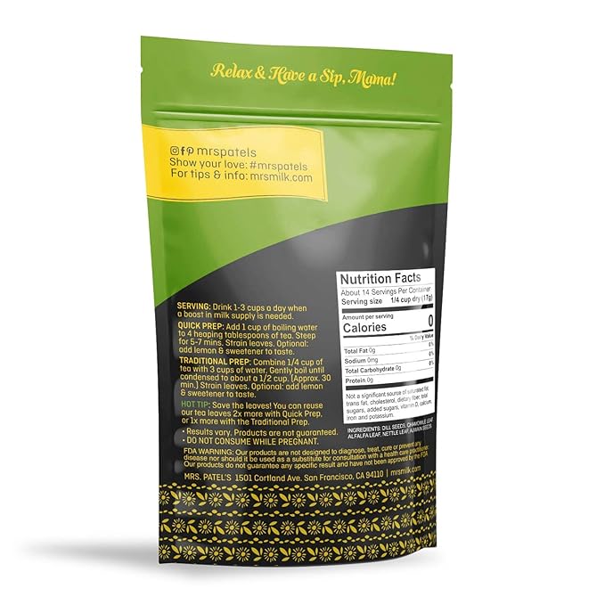 Mrs. Patel's Lactation Tea, Herbal Blend, Mild & Soothing, For Breastfeeding and Pumping Moms, Drink Iced or Hot, Loose Leaf, Caffeine Free, Gluten Free, Dairy Free, Fenugreek Free (1 Pouch)