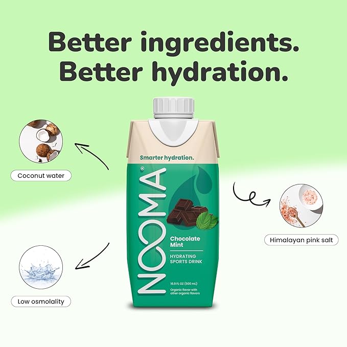 NOOMA - Hydrating Sports Drink - Electrolyte Drink with Organic Coconut Water - Organic & No Added Sugars - Rapid Hydration - 30 Calories & 505mg Electrolytes - Chocolate Mint - 12 Pack (16.9oz each)