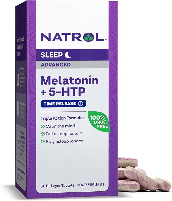 Natrol Melatonin + 5-HTP Advanced Time Release Sleep Aid, Triple Action Formula, Calm the Mind, Fall Asleep Faster and Stay Asleep Longer, 60 Bi-Layer Tablets, Up to a 60 Day Supply