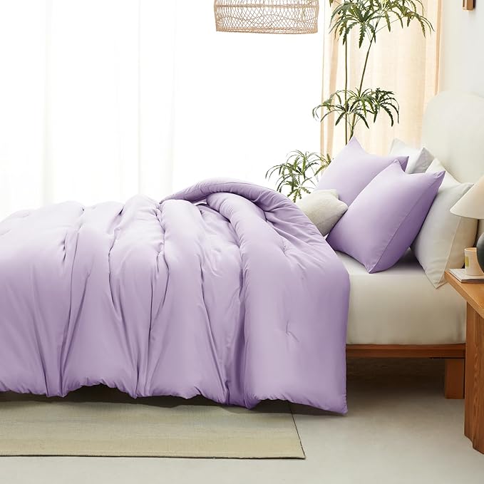 CozyLux Lavender Purple Comforter Set King Size, 3 Pieces Solid Breathable Quilted Boho Style Bedding Sets, Luxury Fluffy Soft Microfiber Comforter for All Season(1 Comforter & 2 Pillowcases)