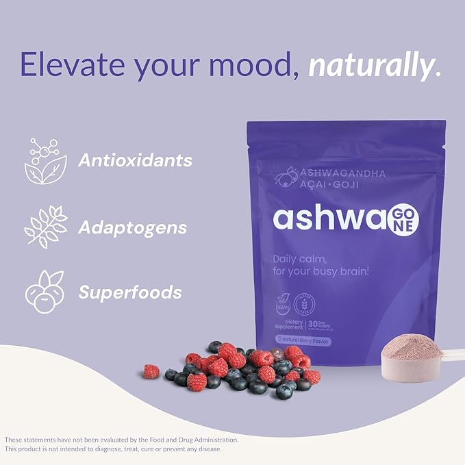 Stress Relief & Mood Support Drink Mix – Ashwagandha, KSM-66, Acai, Goji, Lemon Balm, GABA, L-Theanine – Adaptogen Powder with Magnesium – Vegan, Non-GMO, Gluten Free – 30 Servings