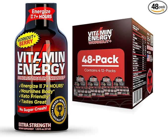 Vitamin Energy Workout+ Extra Strength Daily Energy Shot – Berry – 260mg Natural Caffeine, B-Vitamins – Pre-Workout & Endurance Support – Zero Sugar, Vegan, Kosher – 1.93 fl oz, 48-Pack