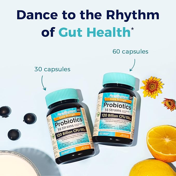 NewRhythm Probiotics 120 Billion CFU 36 Strains, 3-in-1 Probiotics for Digestive Health & Immune Support with Prebiotics & Enzymes, Probioticos for Women & Men, Targeted Release, 60 Veggie Caps