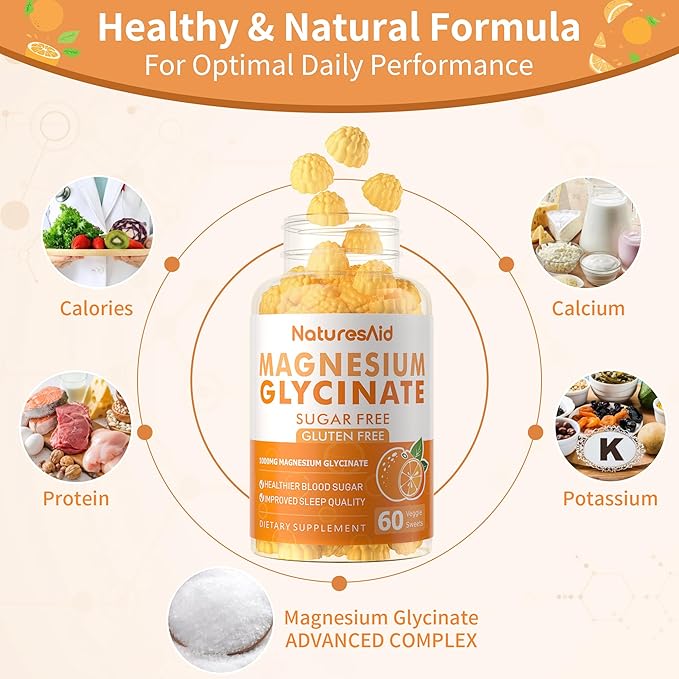 Magnesium Glycinate Gummies 1000mg - Sugar Free Magnesium Potassium Supplement with Vitamin D, B6, CoQ10 for Calm Mood & Sleep Support - 120 Orange Gummies -2 Pack