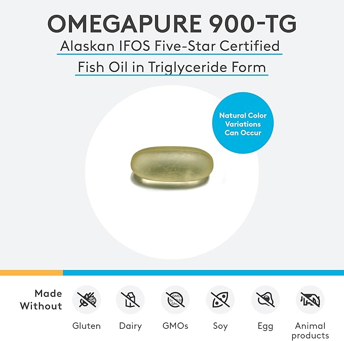 XYMOGEN OmegaPure 900-TG - International Fish Oil Standards (IFOS) Five-Star Certified Fish Oil - DHA EPA Omega-3 Supplement in Triglyceride Form for Cardiovascular + Cognitive Support (120 Softgels)