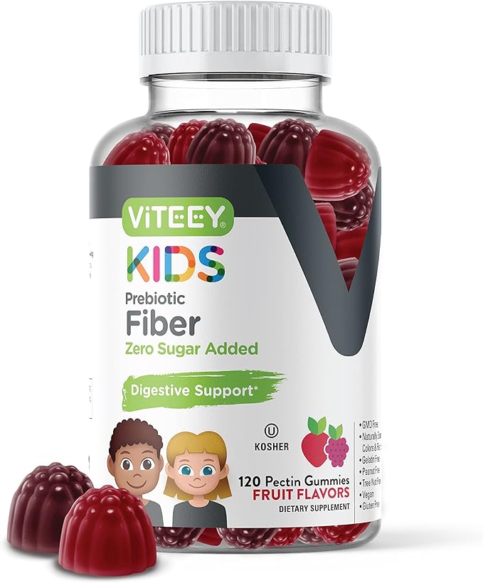 Prebiotic Kids Fiber Gummies for Constipation Relief, Digestive Health Regularity Support, Natural Weight Support - Fiber 4g, Zero Sugar Added, Vegan, Gluten Free - Tasty Chewable Fruit Flavored Gummy