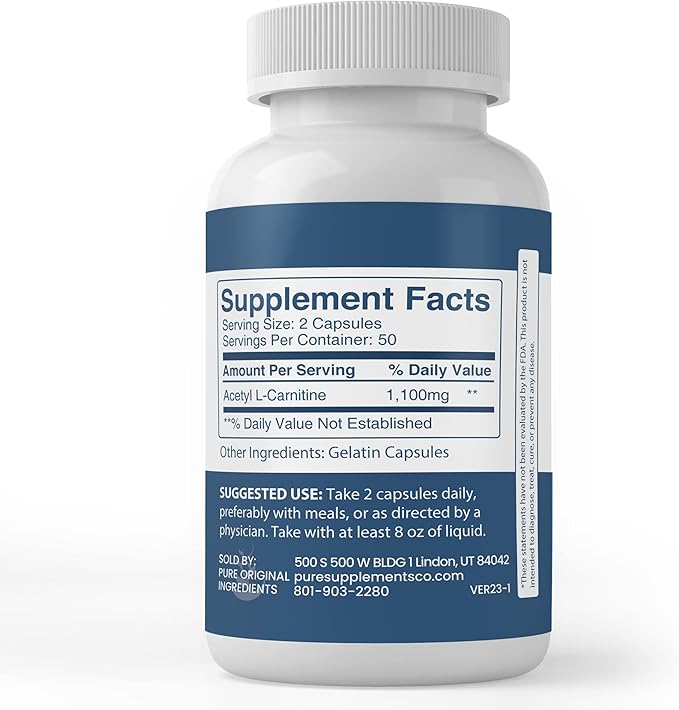 Pure Original Ingredients Acetyl L-Carnitine, (100 Capsules) Always Pure, No Additives Or Fillers, Lab Verified