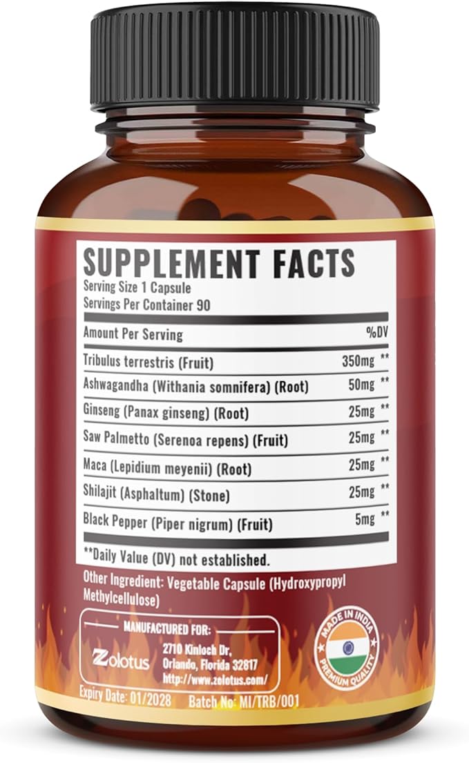 Tribulus Terrestris Capsules with Ashwagndha, Panax Ginseng, Saw Palmetto, Maca, Shilajit - 90 Capsules - 3 Months Supply