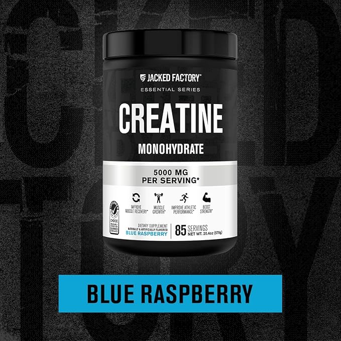 Jacked Factory Flavored Creatine Monohydrate Powder 425g - Creatine Supplement for Muscle Growth, Strength & Performance - 85 Servings, Blue Raspberry
