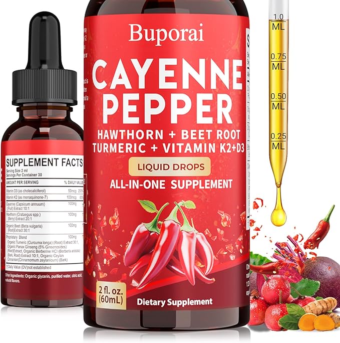 Cayenne Pepper Drops, Cayenne Pepper Extract Liquid Supplement for Overall Well-Being, 2 fl oz, Vitamin D3 K2 Beet Root Powder