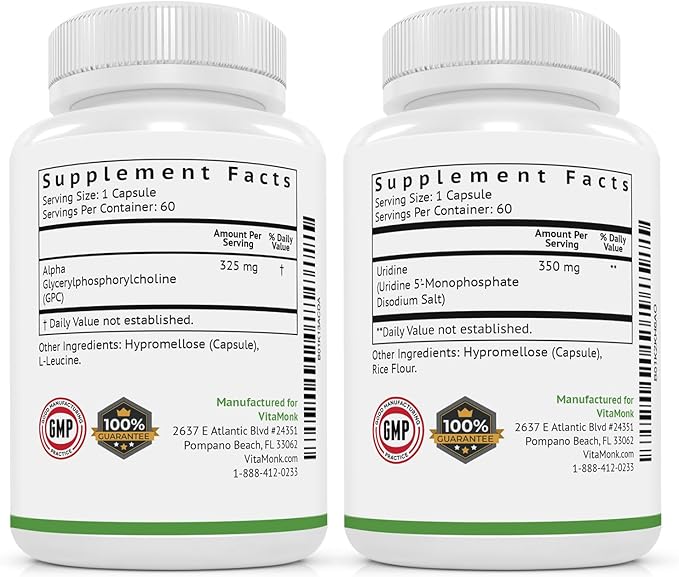 VitaMonk Alpha GPC and Uridine Stack - Mr Happy Stack - Uridine Monophosphate with No Artificial Fillers - Bioavailable Choline Supplements Promote Cognition, Focus, Mental Clarity