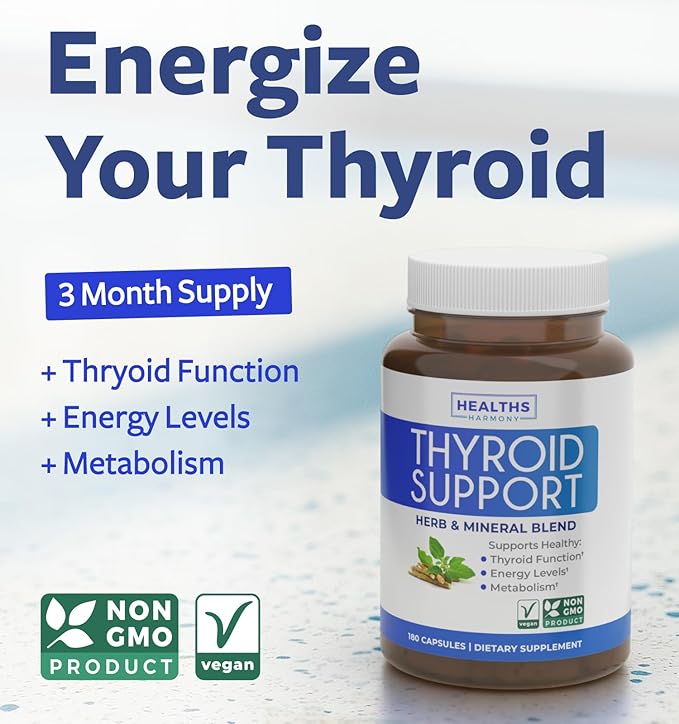 Thyroid Support with Iodine - 180 Capsules (Non-GMO) Improve Your Energy - Ashwagandha Root, Zinc, Selenium, Vitamin B12 Complex - Thyroid Health Supplement for Women and for Men - 90 Day Supply
