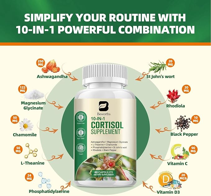 Cortisol Supplements for Women, 10-in-1 Cortisol Reducer Manager Supplements with Ashwagandha, Magnesium Glycinate, L-Theanine, Rhodiola, Non-GMO, 60 Vegan Capsules
