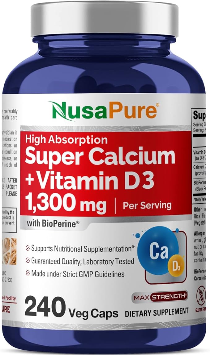 NusaPure Super Calcium 1300mg, Vitamin D3-240 Veggie Caps (Non-GMO, Gluten-Free, Bioperine)