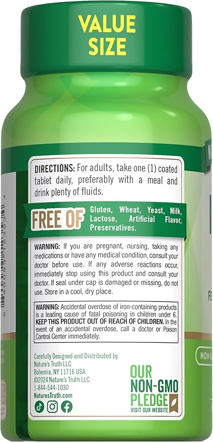 Nature's Truth Iron Tablets 65mg | 240 Count | 325mg Ferrous Sulfate | Vegan, Non-GMO & Gluten Free Supplement