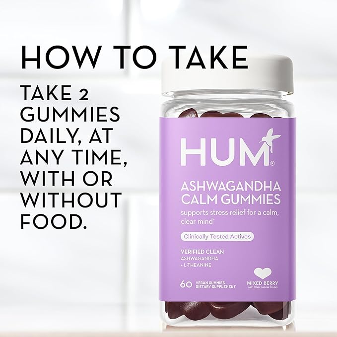 HUM Ashwagandha Calm- L-Theanine & Ashwagandha for Daily Relaxation & Mood Support - Mixed Berry Flavor (60-Count)