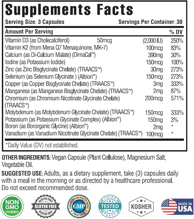 KAPPA NUTRITION (90 Capsules,Vitamin K2, Vitamin D3, Zinc, Selenium, Vanadium, Copper, Manganese, Potassium, Molybdenum, Calcium, Chromium, Iodine, Boron, Mineral 13 in 1 Advanced Complex, from
