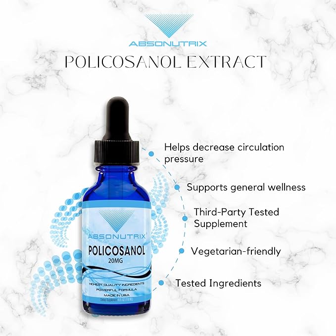 Absonutrix Policosanol 20mg, 4 Fl Oz Bottle, 200 Highly Potent Servings, High Bioavailability, Quick Absorption, Third-Party Tested, GMP-Certified, Non-GMO, Cruelty-Free Products, Made in USA