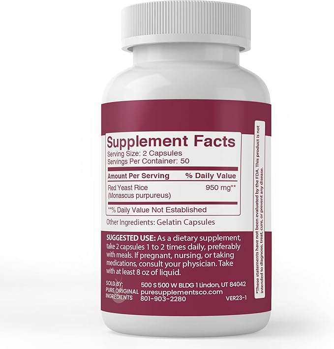 PURE ORIGINAL INGREDIENTS Red Yeast Rice Extract, (100 Capsules) Always Pure, No Additives Or Fillers, Lab Verified