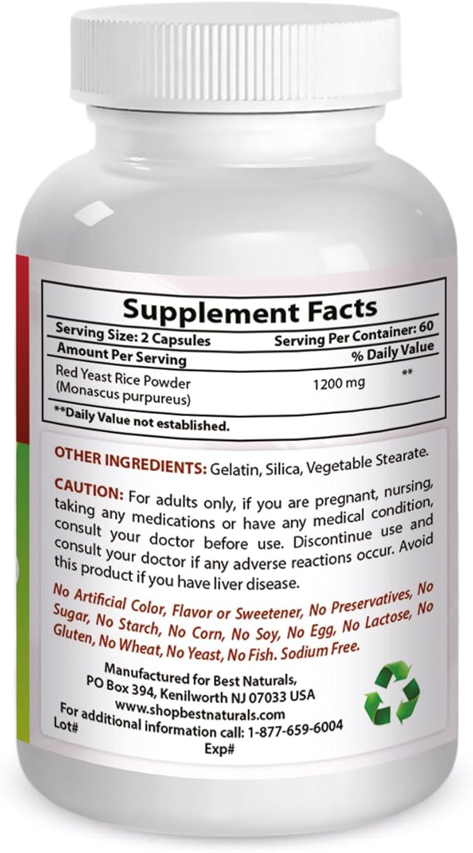 Best Naturals, Red Yeast Rice, 600 mg capsules, 120 Capsules, 2 capsules per serving/1200mg per serving