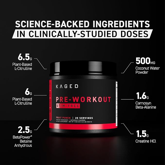 Kaged Stimulant Free Pre Workout Powder Fruit Punch Pre-Kaged Formulated with Creatine, Beta Alanine No Jitters 20 Servings