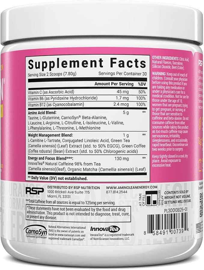 RSP NUTRITION AminoLean Pre Workout Powder, Amino Energy & Weight Management with Vegan BCAA Amino Acids, Natural Caffeine, Preworkout Boost for Men & Women, 30 Serv, Pink Lemonade…