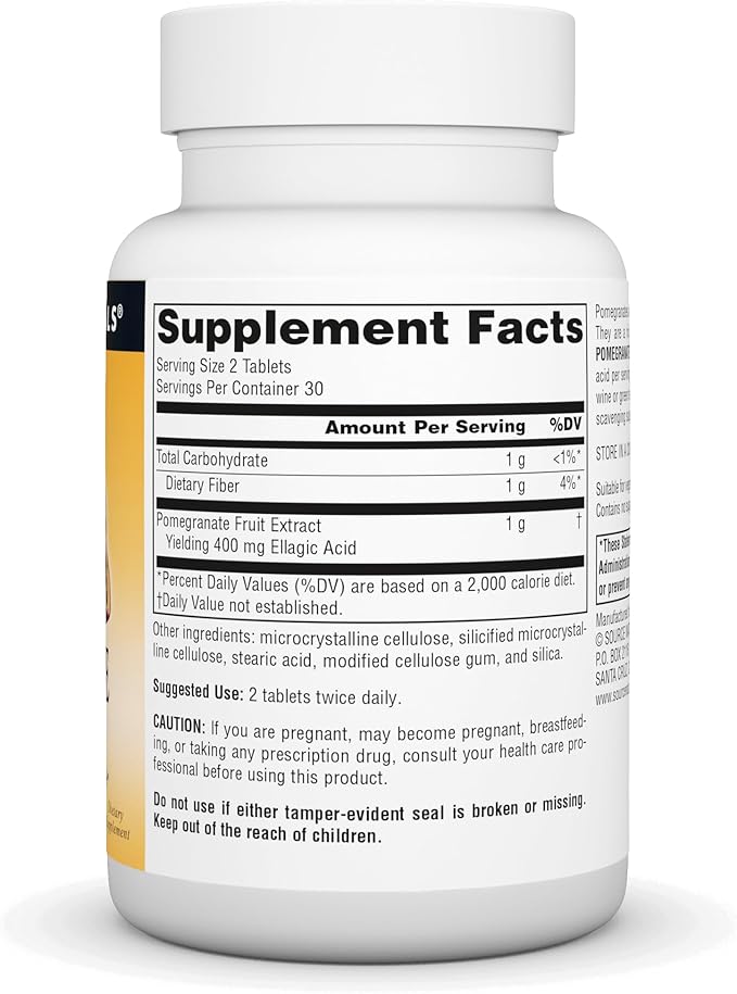 Source Naturals Pomegranate Extract 500mg Complete Whole Fruit Ellagic Acid Antioxidant & Added Fiber - 60 Tablets