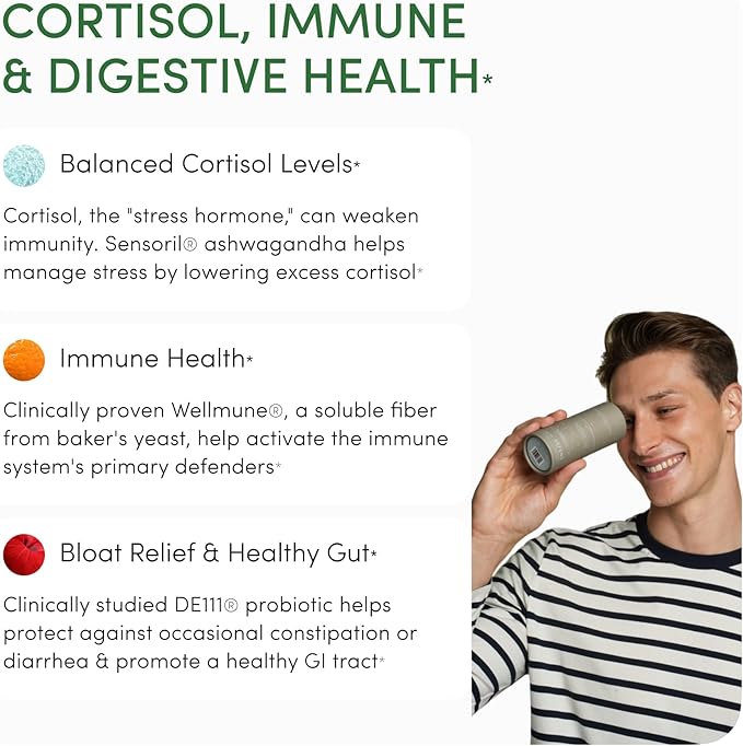 Defend Immune & Gut Support – Spore Probiotic DE111®, Beta Glucan, Ashwagandha – Cortisol Balance, Bloating & Stress Relief – 60 Capsules